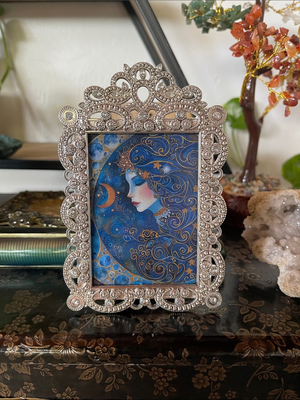 Ornate Silver Mini Decorative Photo Frame with Blue Moon Goddess Artwork